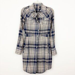 Karen Millen Snap Front Plaid Shirt Dress Size 6 Cotton Blend Roll Tab Sleeve